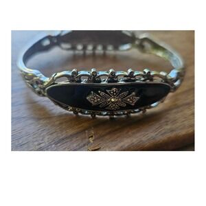 Silver Tone Bangle Bracelet Black Enamel Center Rhinestone Accnt Fashion Jewelry